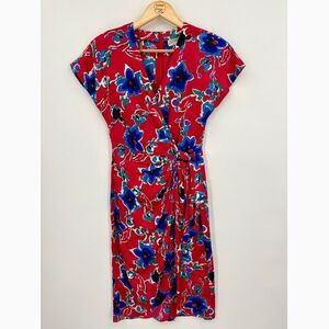 Vintage Argenti Red Floral Silk Dress Short Sleeve, Size 4, 80s Retro Hong Kong